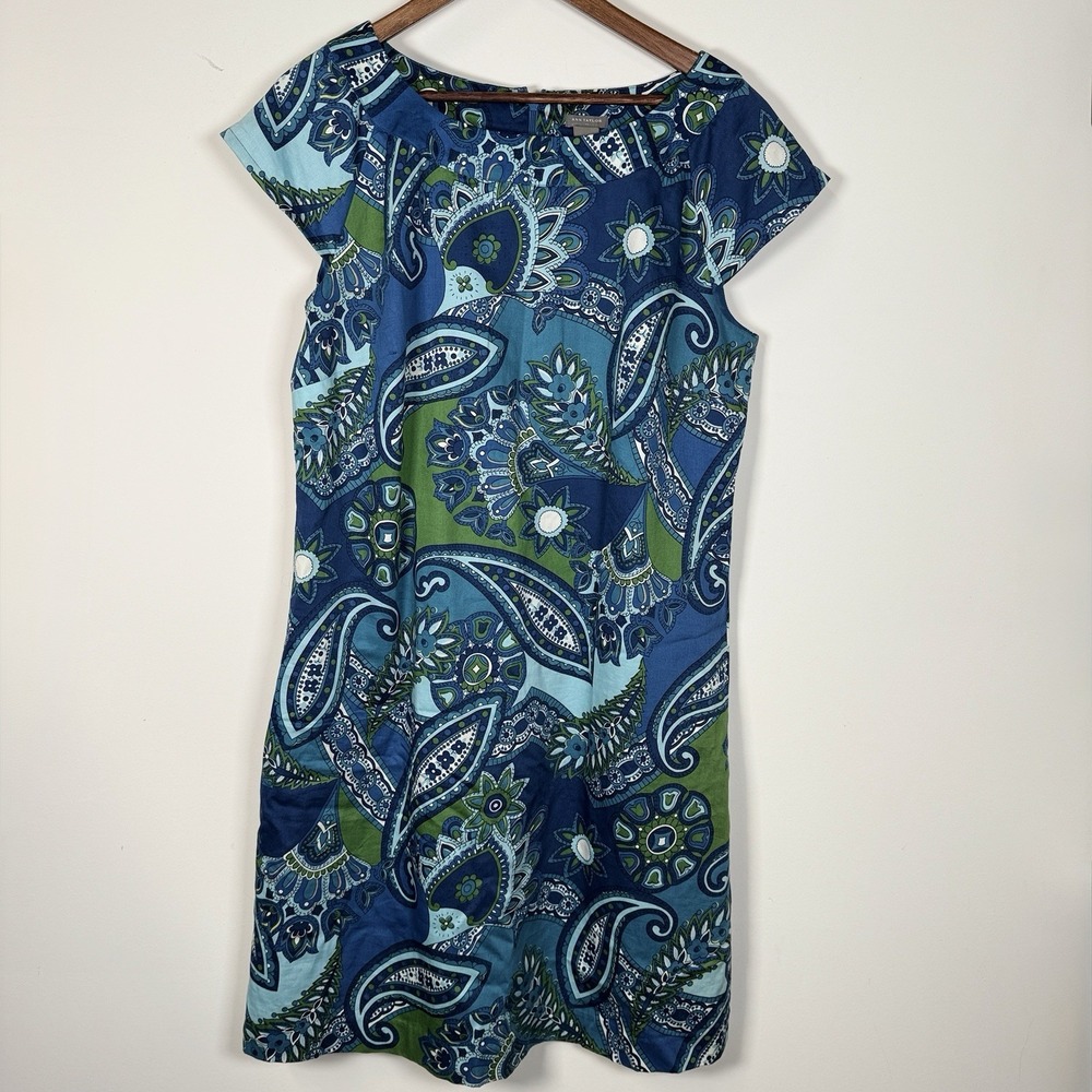 Women's Ann Taylor Dress Cap Sleeve Paisley Blue‎ Green Size 14 Lined Career